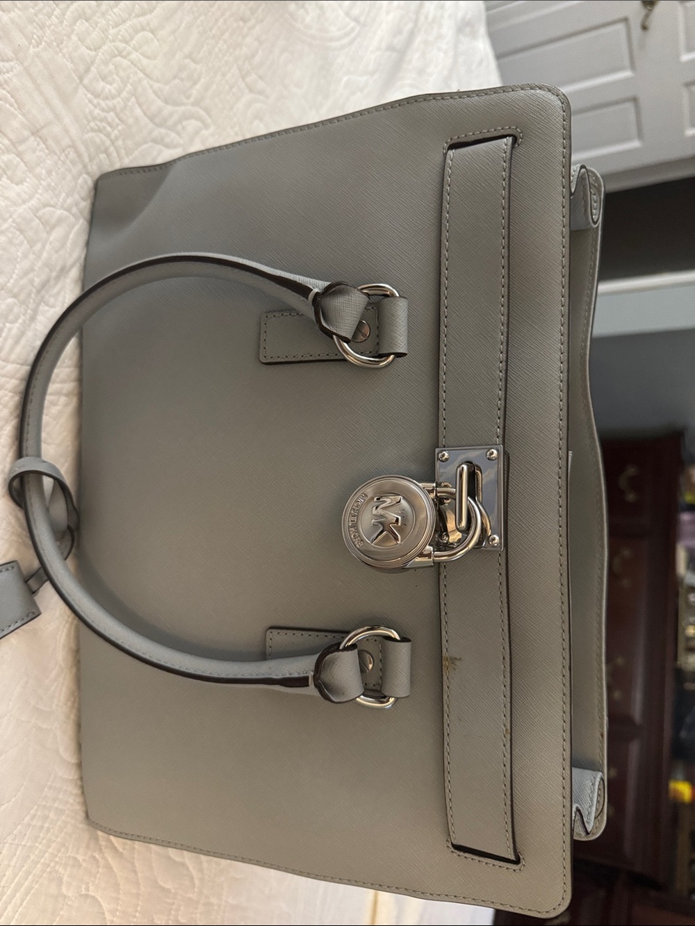 Michael Kors Gray Saffiano Satchel with Gold-Tone Hardware